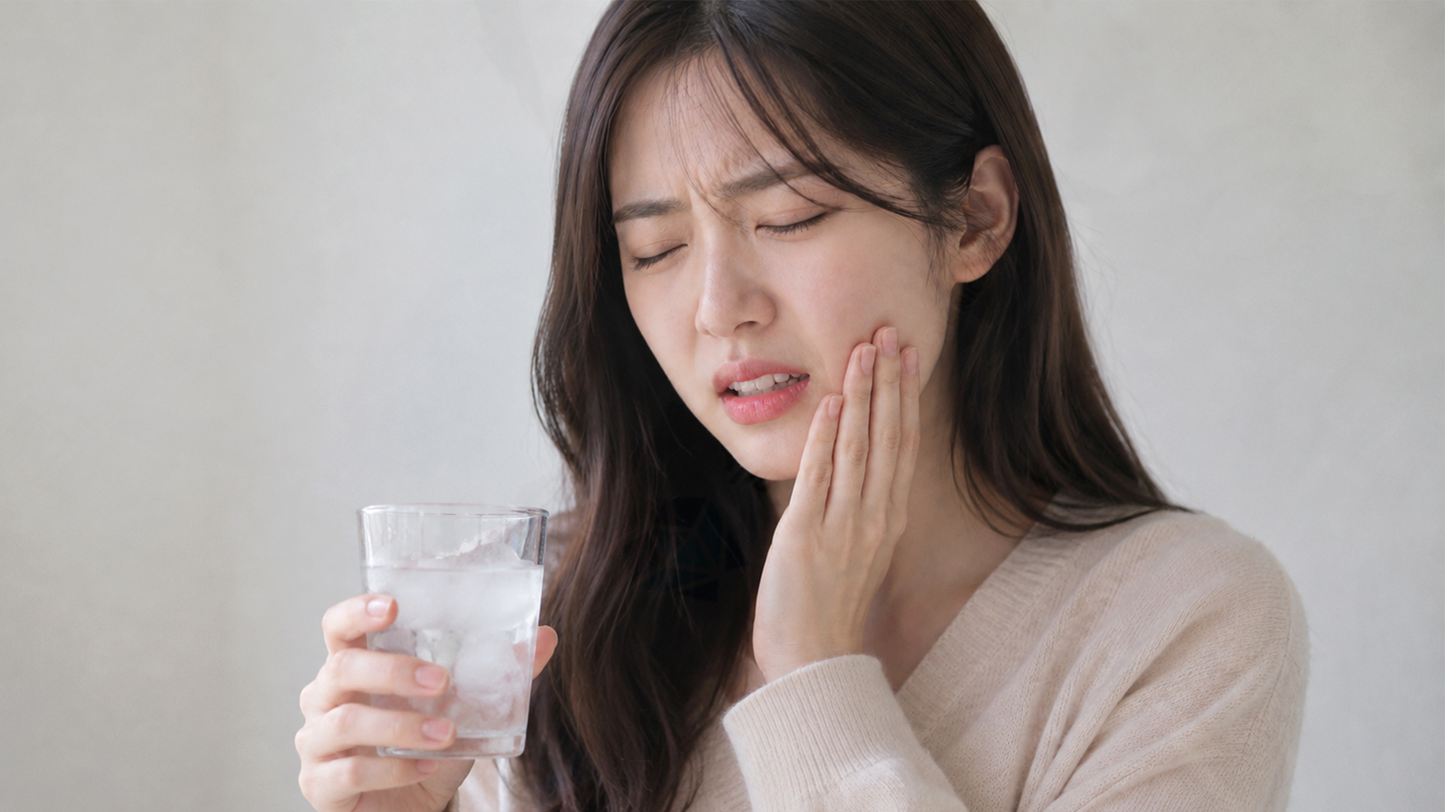 시린 이 때문에 찬물 잔을 든 채 뺨을 손으로 짚고 찡그린 모습
